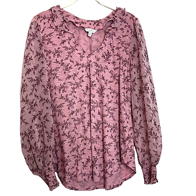 #ad Lucky Brand Womens Pullover Blouse Small Pink Floral Sheer Collar and Sleeves $19.98
