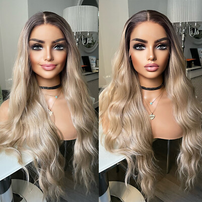 #ad Glueless Lace Front Wigs Heat Resistant Synthetic Long Wavy Ash blonde Full Head $31.99