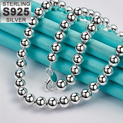 #ad 925 Sterling Solid Silver 8MM Hollow Ball Beaded Chain Necklace For Women Man $7.62
