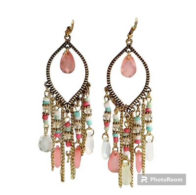 #ad Spring Bohemian Tassel Pink Multi Lucite amp; Crystal Chandelier Hook Earrings $9.99