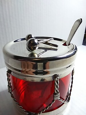 #ad 1930s Vintage R. Blackinton R.B. amp;Co. Sterling Silver Ruby Red Glass Drum Jar $56.70