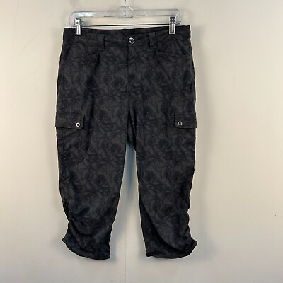 #ad Eddie Bauer Womens 4 Capri Pants Gray Floral Woven Button Zipper Pockets 16149 $18.85
