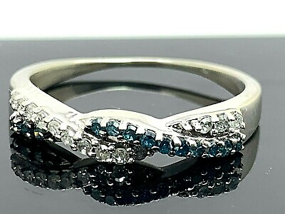 #ad Women#x27;s Wedding Band 14k White Gold White amp; Blue Diamond Crossover Ring Size 7.5 $296.97