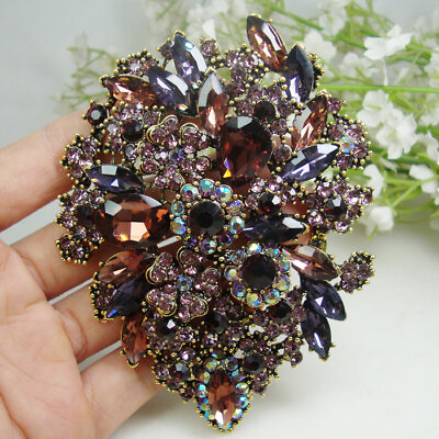 #ad 3.94quot; Purple Dual Droplets Flower Group Rhinestone Crystal Brooch pin Pendant $11.97