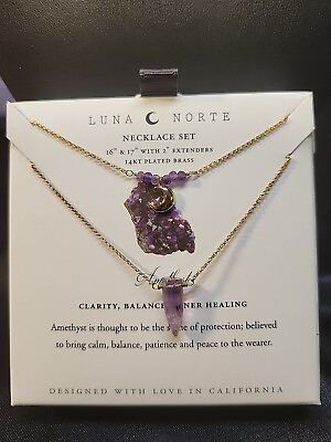 #ad Luna Norte Double 14kt Gold Plated Necklaces With Amethyst And Moon 16quot; amp; 18quot; $35.00