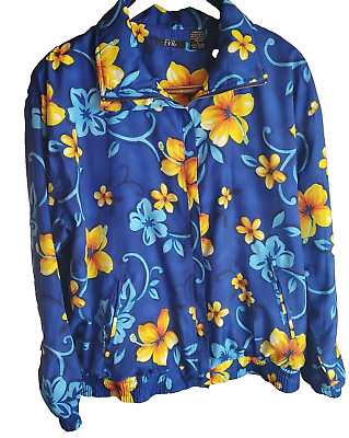 #ad EVR Zipper Jacket Medium Long Sleeve Bomber Blue Yellow Orange Floral $9.99