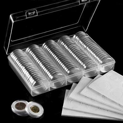 #ad 100PCS 30mm Silver Gold Coin Cases Capsules Holder Clear Plastic Round Storage $10.65