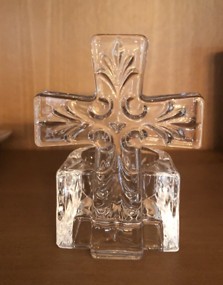 #ad Cross Tealight Candle Holder Clear Glass 4 inch Wedding Easter Confirmation $9.50