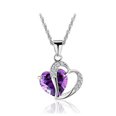 #ad Women 925 Sterling Silver Necklace Chain Amethyst Crystal Heart Purple Pendant $9.99