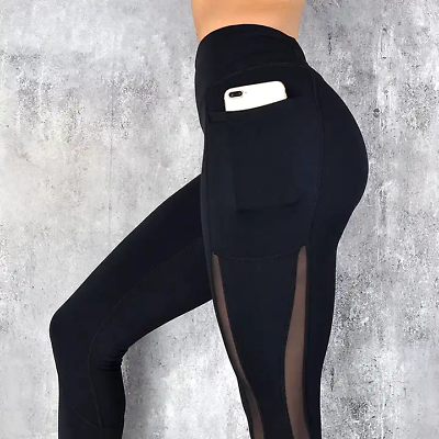#ad High Waist Yoga pants with pockets Mesh Leggings $9.99