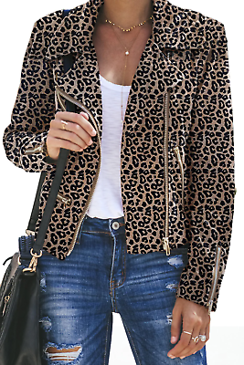 #ad Women Leopard Zipped Notch Collar Short Jacket $59.95