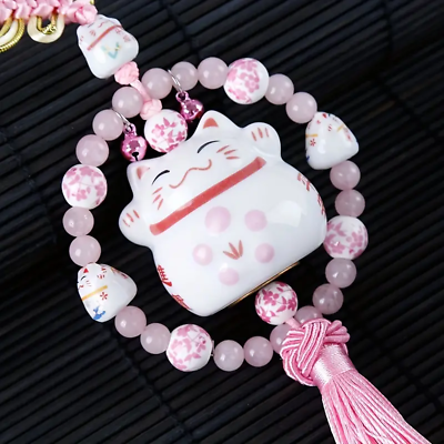 #ad 1pc Pink Lucky Cat Charm Ceramic Car Hanging Pendant Chinese Knot Decoration $15.98