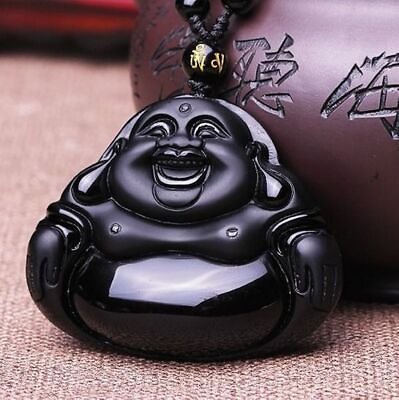 Natural black obsidian crystal big belly buddha necklace pendant with bead chain $9.99