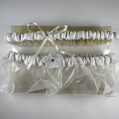 #ad Wedding White Bridal Garter Set Satin Flower Organza Rhinestone Vintage 2003 New $18.97