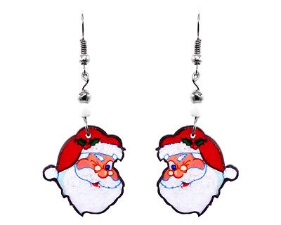 #ad Winking Santa Claus Face Graphic Dangle Earrings Holiday Christmas Jewelry Gifts $13.99