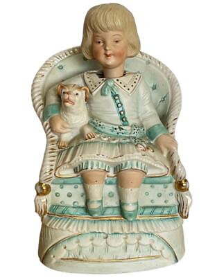 #ad Conta Boehme Germany Antique Nodder Girl Chair Dog Porcelain Signed VIDEO $189.99