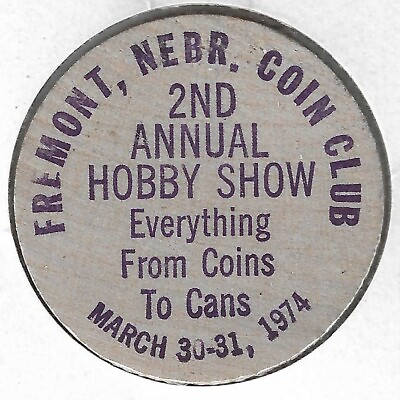 #ad 1974 Fremont Nebraska Coin Club 2nd Annual Hobby Show Buffalo Wooden Nickel $6.95