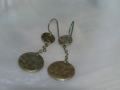 #ad Estate Two Hammered Disks Connected by Chain Goldtone Dangle Earrings for Pierce $13.48