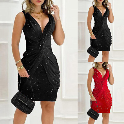 #ad Sexy Women V Neck Cocktail Sequin Bodycon Mini Dress Laies Pleat Clubwear Gowns $24.79