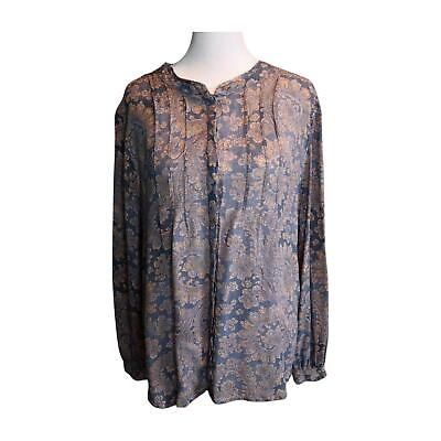 #ad Lucky Brand Top Womens Large Blue Floral Paisley Button Up Shirt Bohemian Boho $16.00