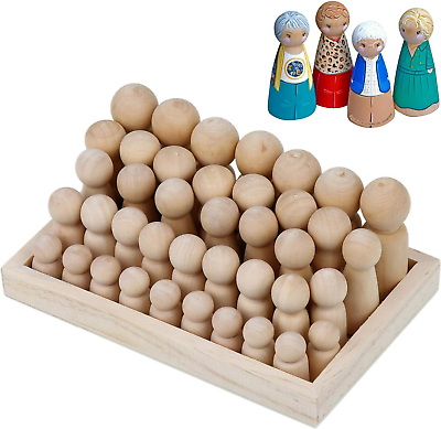 #ad Premium Wooden Peg People Set with Storage Case Peg Dolls Unfinished in Assorte $15.17