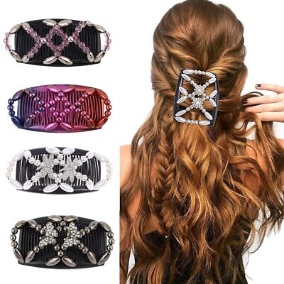#ad Elastic Hairpin Double Comb Beaded Hair Clip Beaded Hair Claws Magic Hair Comb $8.04