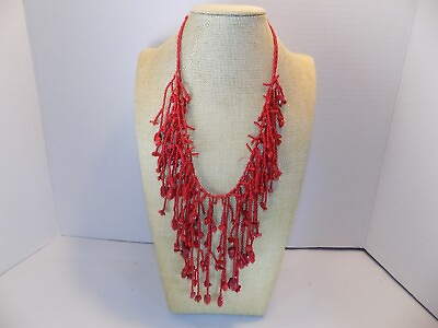 #ad Beaded Layer Necklace Beads Red Cluster Bib Fringe Gold Tone 19quot; $7.73