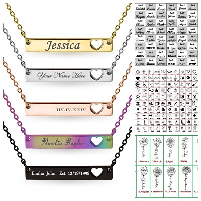 #ad Personalized18K GF Bar Name Necklace Custom Engraved Heart Bar Name Necklace $9.99
