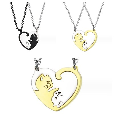 #ad #ad 925 Silver Plated Cute Cat Hug Love Couple Necklace Set Pendant Fashion Gift GBP 3.99