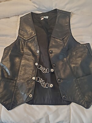 #ad Steer Brand Mens Leather Vest Sz M USA Acetate Satin Lining Pockets Snaps Chains $15.13