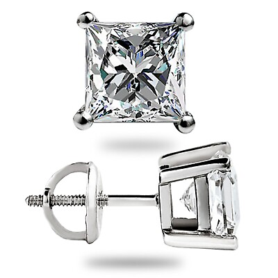 #ad 3 Ct Princess Cut GRA Moissanite Stud Earrings 14K Solid White Gold 6.5mm New $154.48