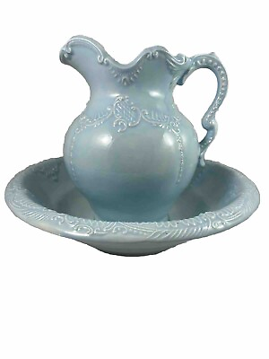 #ad Vtg 70s Arnels Baby Blue Wash 16quot; Basin amp; Pitcher Large Ceramic Victorian Style $44.80