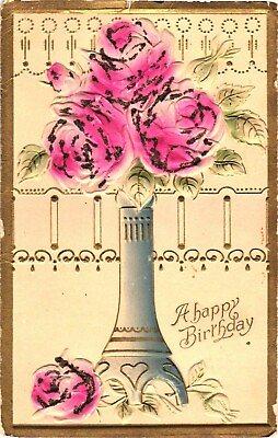 #ad Beautiful Fuschia Roses A Happy Birthday Embossed Postcard $19.99