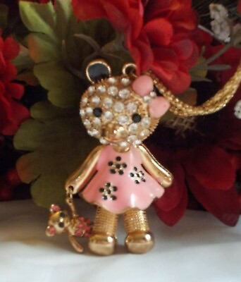 #ad BETSEY JOHNSON LOVELY CRYSTAL amp; ENAMEL PINK BEAR WITH BOW PENDANT NECKLACE $31.99