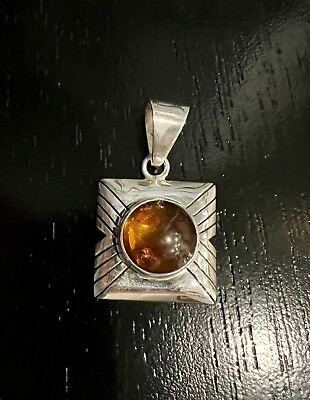 #ad Vintage Mexican Amber Pendant in Square Sterling Silver Design $39.99