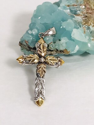 #ad Sterling Silver 925 Rhodium Plated Cross Pendant Gold Tone Leaf Cross Center $45.00