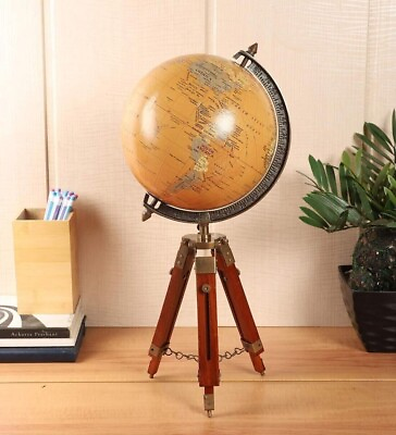 #ad Antique World Map Decorative Table Ornament Globe With Wooden Tripod Stand Gift $91.80