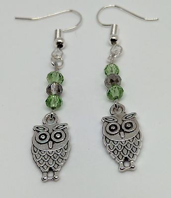 #ad Owl Earrings Gray Green Czech Glass Crystal Handmade Silver Tone Hook Nature $5.50