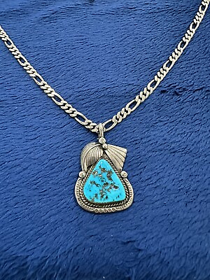 #ad Vintage Sterling Navajo Lg Turquoise Pendant Figaro Chain Necklace 23.5” $159.99