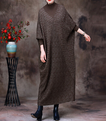 #ad 45.8% Cashmere 30% wool Womens Knitted Dress Bat Sleeve Long Loose Dress Elegant $83.93