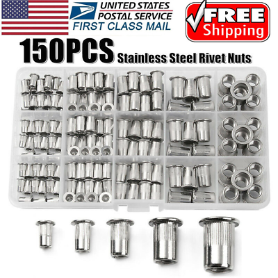 #ad 150Pcs Rivet Nuts Stainless Steel Threaded Insert Nut Nutsert Rivnuts Flat Head $16.97