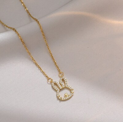 #ad Titanium Gold Love Heart Rabbit Bunny Pave Cubic Zirconia Pendant Chain Necklace $10.99