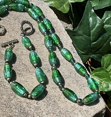 #ad Vintage Green Blue Foil Art Glass Bead Necklace Bracelet Jewelry Set $29.94