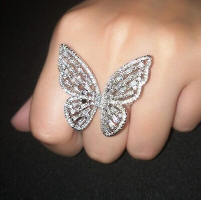 #ad 925 Silver Butterfly Luxury Cubic Zirconia Fashion Big Women Party Fashion Ring $243.91