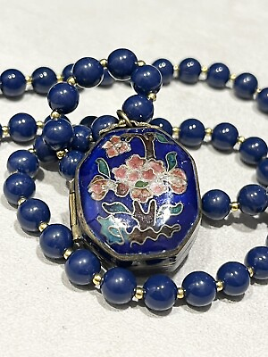 #ad Cloisonné Box Pendant Necklace Vintage Flowers Gold Tone Royal Blue Beads $39.99