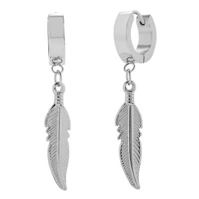 #ad Men#x27;s Stainless Steel Dangle Feather Hinged Hoop Earrings $58.80
