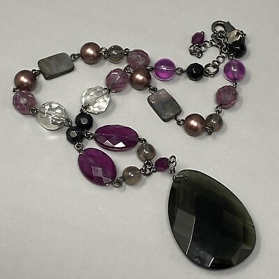 #ad Lia Sophia Pendant Necklace Purple Silver Glass Acrylic Beads Teardrop Facet 19quot; $15.99