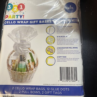 #ad 321 Party Cello Wrap for Food or Gift Basket Supply w Bows Tags 2 Kits NEW $10.99