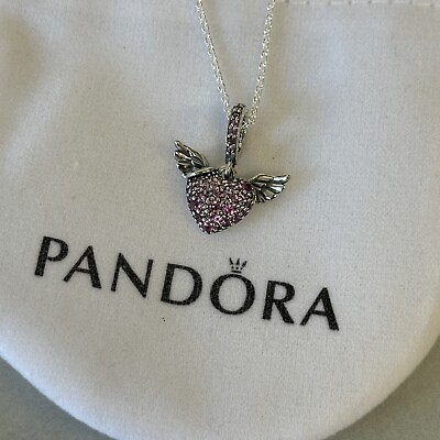 #ad #ad PANDORA Necklace Pavé Heart amp; Angel Wings Pendant FREE amp; FAST SHIPPING GBP 24.00