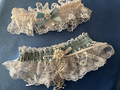 #ad New in Box Elegant Lace and Pearls Wedding Garter Set With the “Something Blue ” $12.50